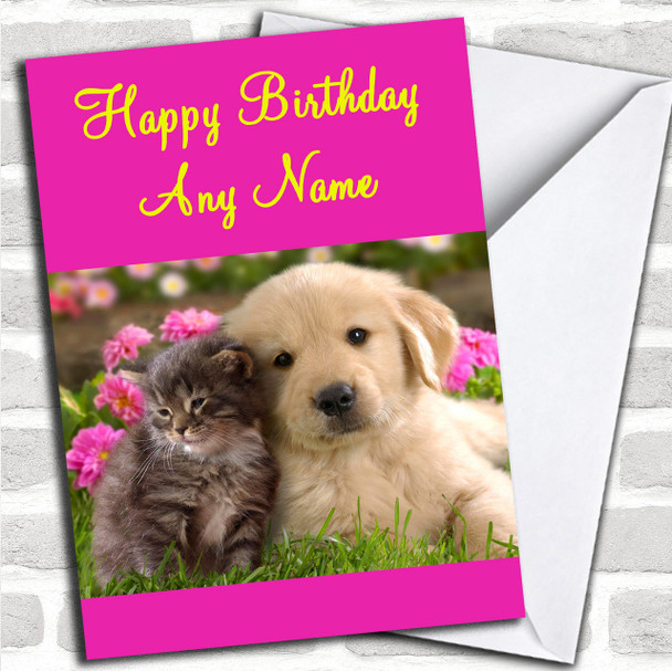 Pink Puppy & Kitten Personalized Birthday Card