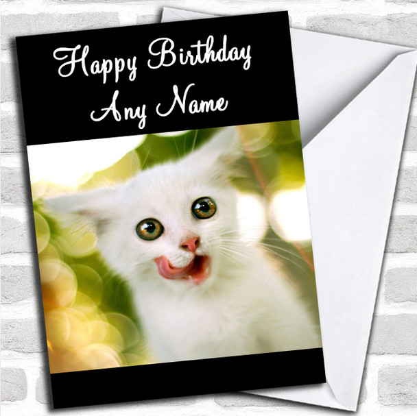 White Kitten With Tongue Out Personalized Birthday Card