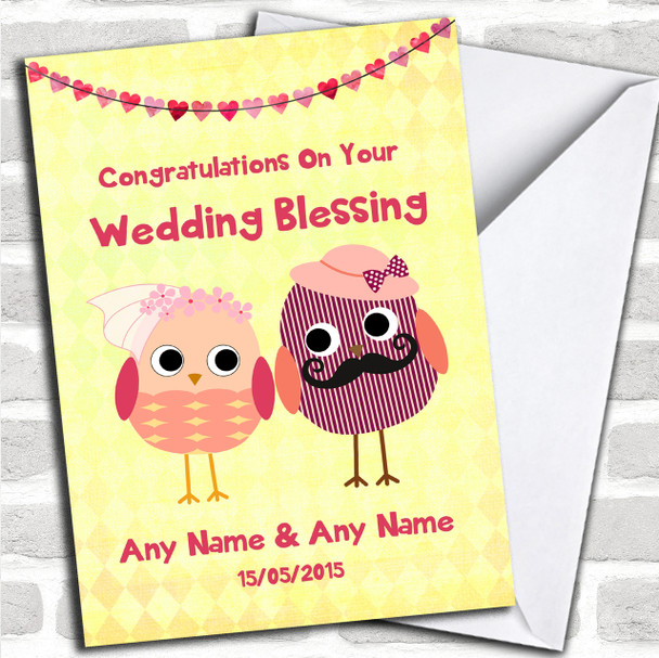 Yellow & Coral Cute Owls Personalized Wedding Blessing Card