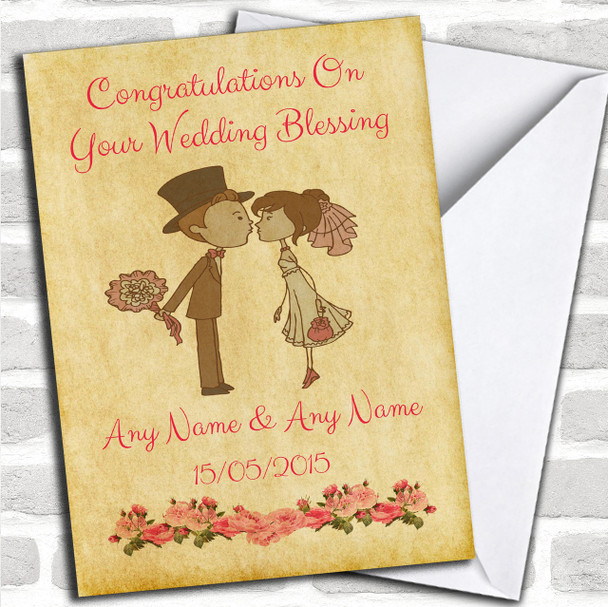 Vintage Cute Bride & Groom Personalized Wedding Blessing Card