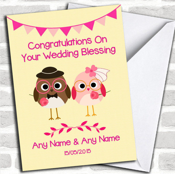 Cute Pink & Yellow Owls Personalized Wedding Blessing Card