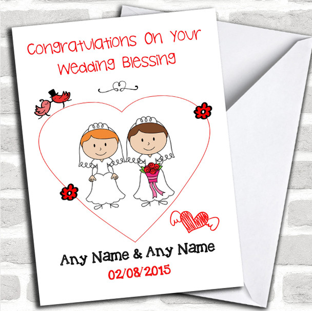 Doodle Gay Lesbian Couple Red Head Brunette Personalized Wedding Blessing Card