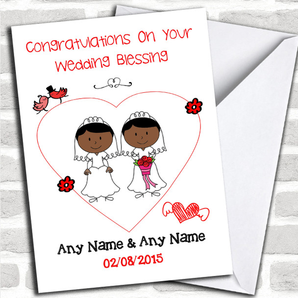 Cute Doodle Gay Lesbian Female Black Couple Personalized Wedding Blessing Card