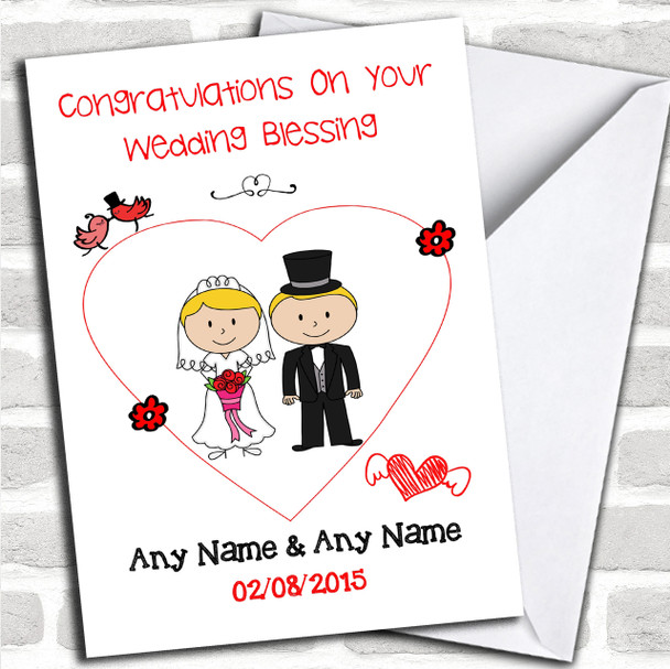 Cute Doodle Blonde Couple Personalized Wedding Blessing Card