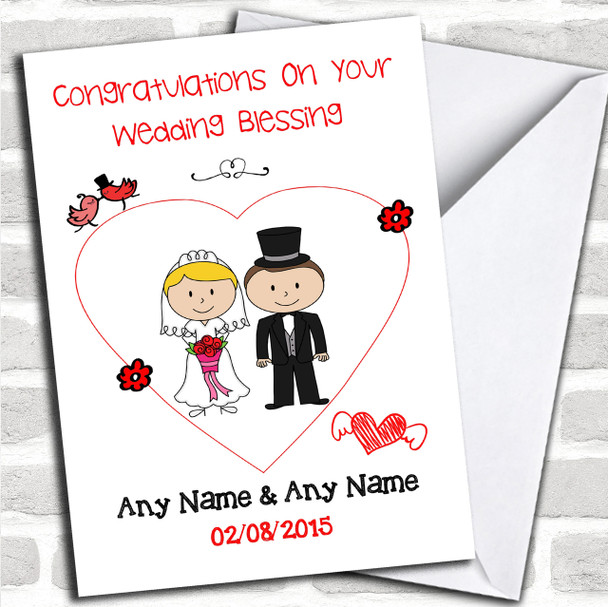 Cute Doodle Blonde Bride Dark Haired Groom Personalized Wedding Blessing Card