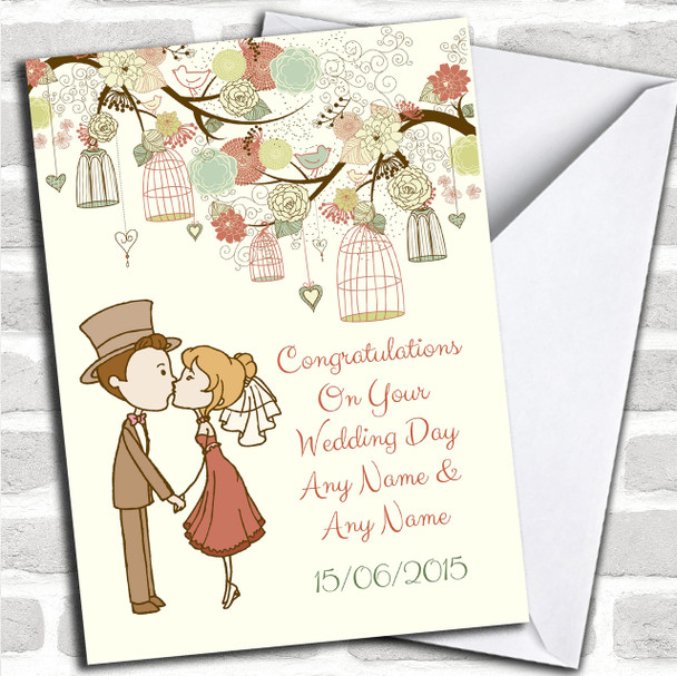 Vintage Birdcage Cute Couple Personalized Wedding Card