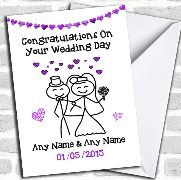 Doodle Happy Couple Purple Personalized Wedding Card