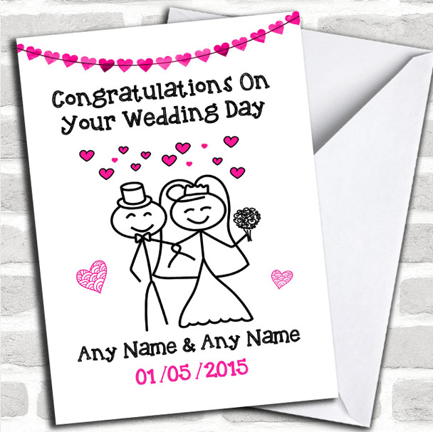 Doodle Happy Couple Pink Personalized Wedding Card