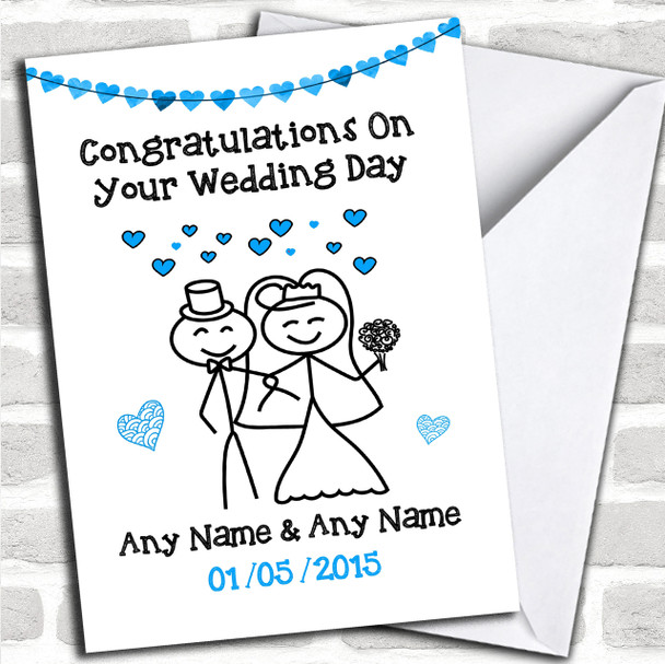 Doodle Happy Couple Blue Personalized Wedding Card