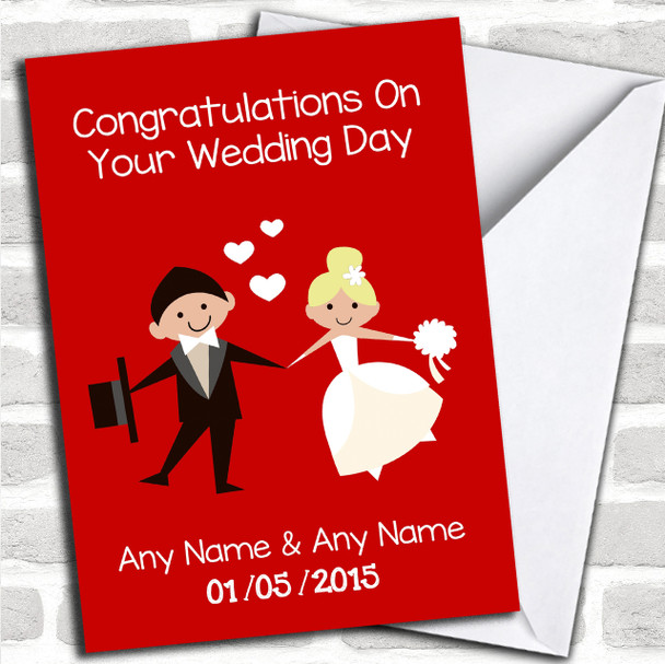 Deep Red Blonde Bride Doodle Personalized Wedding Card