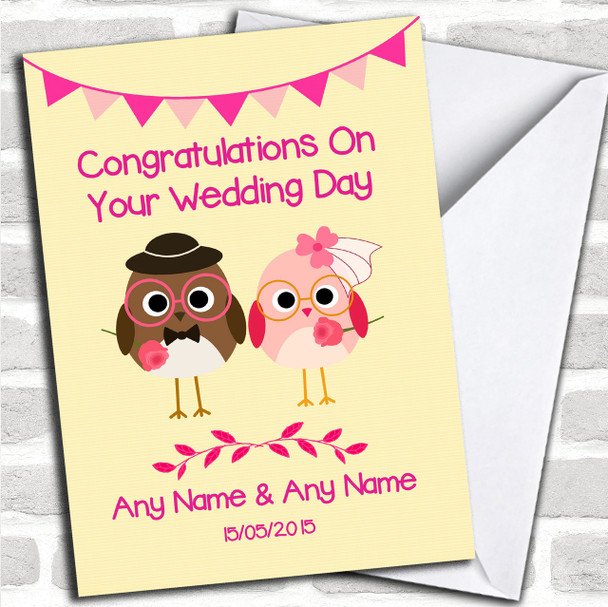 Cute Pink & Yellow Owls Personalized Wedding Card
