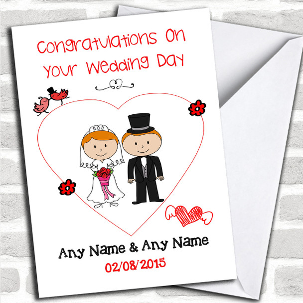 Cute Doodle Red Haired Couple Personalized Wedding Card