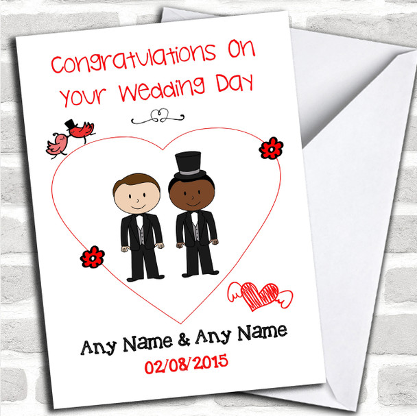 Cute Doodle Gay Male White Black Couple Personalized Wedding Card