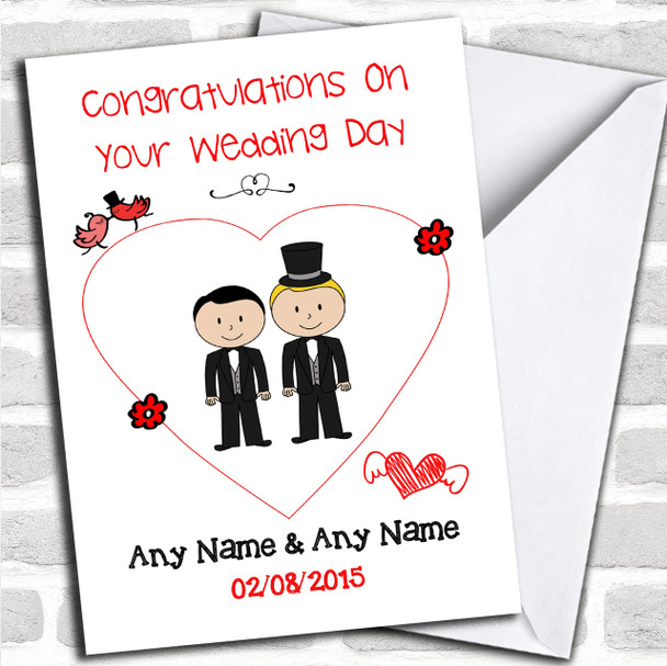 Cute Doodle Gay Male Couple Blonde Dark Haired Personalized Wedding Card