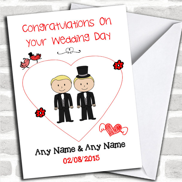 Cute Doodle Gay Male Couple Both Blonde Personalized Wedding Card