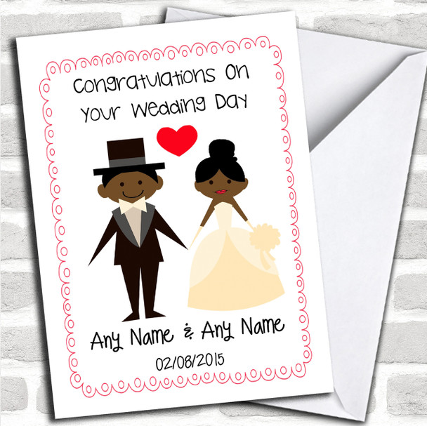 Cute Doodle Frame & Heart Black Couple Personalized Wedding Card