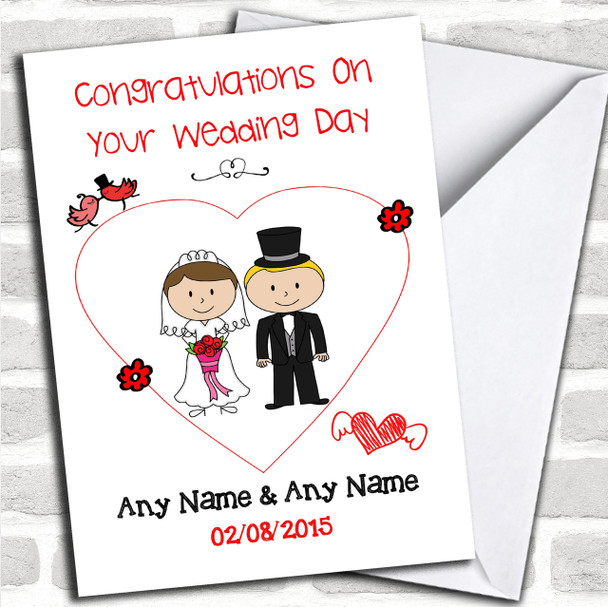 Cute Doodle Blonde Groom Dark Haired Bride Personalized Wedding Card