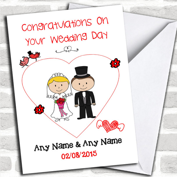 Cute Doodle Blonde Bride Dark Haired Groom Personalized Wedding Card