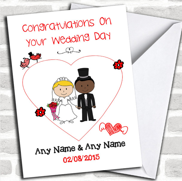 Cute Doodle Black Groom White Bride Personalized Wedding Card