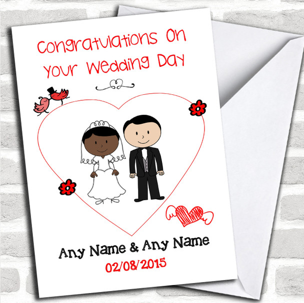 Cute Doodle Black Bride White Groom Personalized Wedding Card