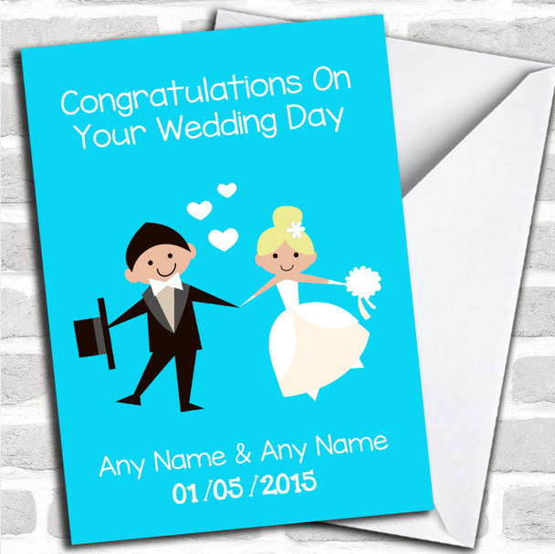 Aqua Blue Blonde Bride Doodle Personalized Wedding Card