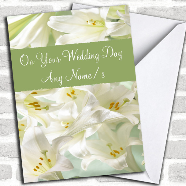 White Lily Flowers Personalized Wedding Day Card