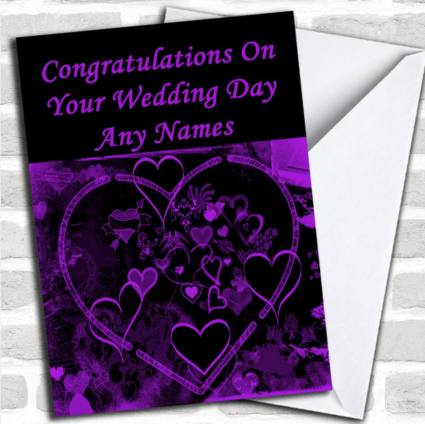 Purple And Black Love Heart Romantic Personalized Wedding Day Card