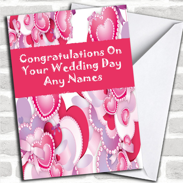 Pink And Lilac Hearts Romantic Personalized Wedding Day Card