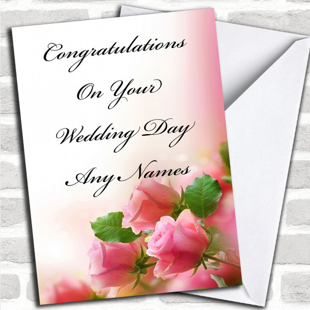 Cute Pink Roses Romantic Personalized Wedding Day Card