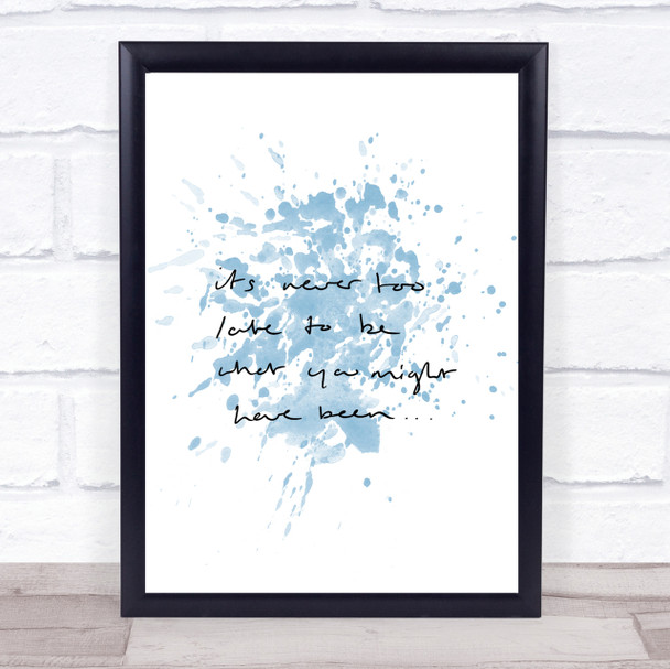 Never Too Late Inspirational Quote Print Blue Watercolour Poster