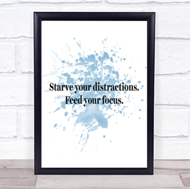 Starve Your Distractions Inspirational Quote Print Blue Watercolour Poster