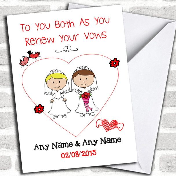 Doodle Gay Lesbian Couple Blonde Brunette Personalized Renewal Of Vows Card