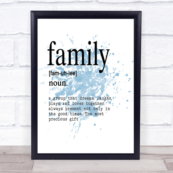 Word Definition Family Inspirational Quote Print Blue Watercolour Poster