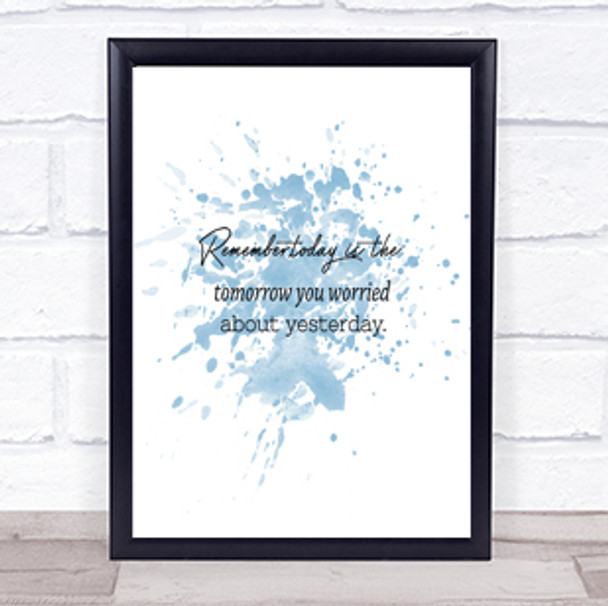 Worried About Yesterday Inspirational Quote Print Blue Watercolour Poster