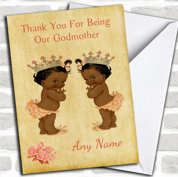 Twin Black Baby Girls Godmother Personalized Thank You Card
