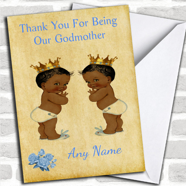 Twin Baby Black Boys Godmother Personalized Thank You Card