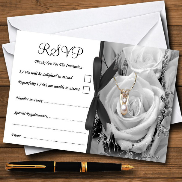 Black White Rose Pearl Personalized RSVP Cards