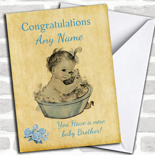 Pretty Vintage Blue Baby Boy Brother Personalized Sibling Card