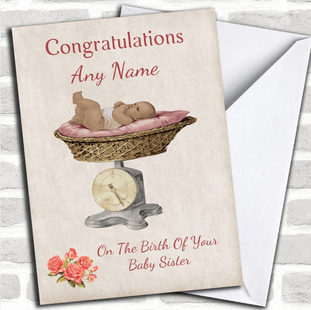 Pretty Vintage Baby Girl Sister On Scale Personalized Sibling Card