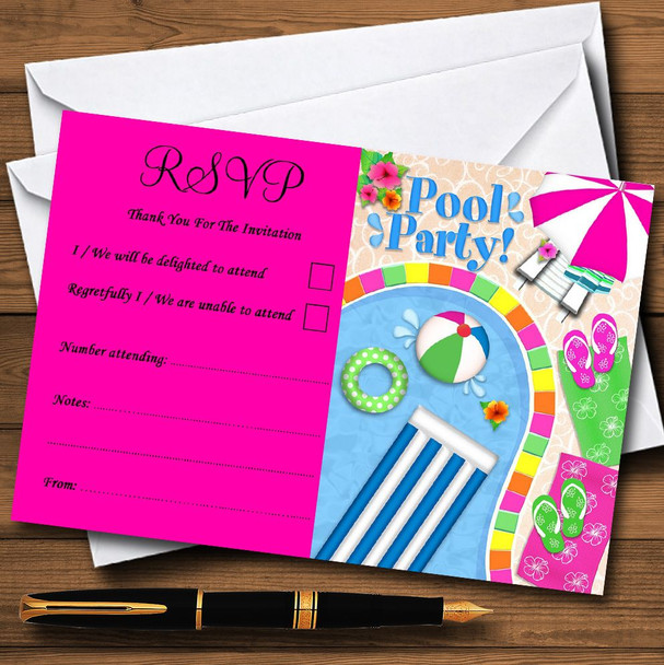 Hot Pink Summer Swimming Pool Beach Personalized RSVP Cards