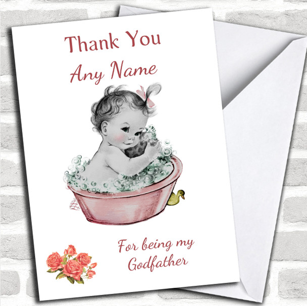 Cute Pink Baby Girl Thank You For Being My Godfather Personalized Sibling Card