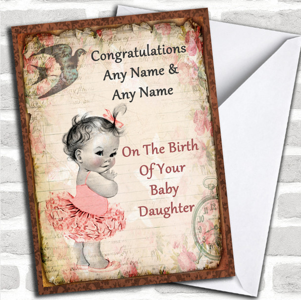 Vintage Baby Girl Personalized New Baby Card