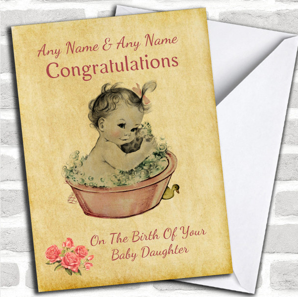 Pretty Vintage Pink Baby Girl Daughter Personalized New Baby Card