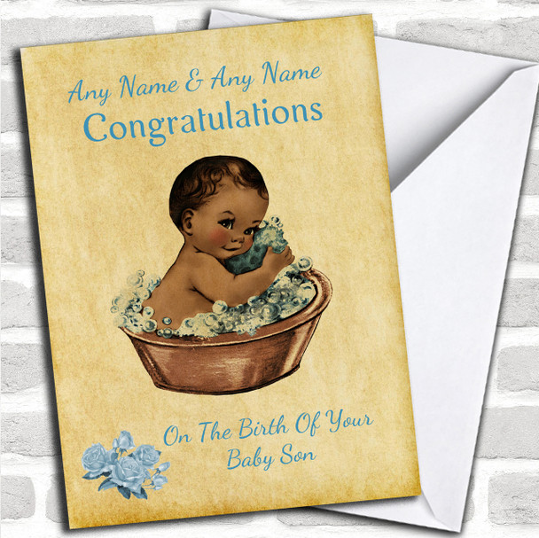 Pretty Vintage Blue Black Baby Boy Son Personalized New Baby Card