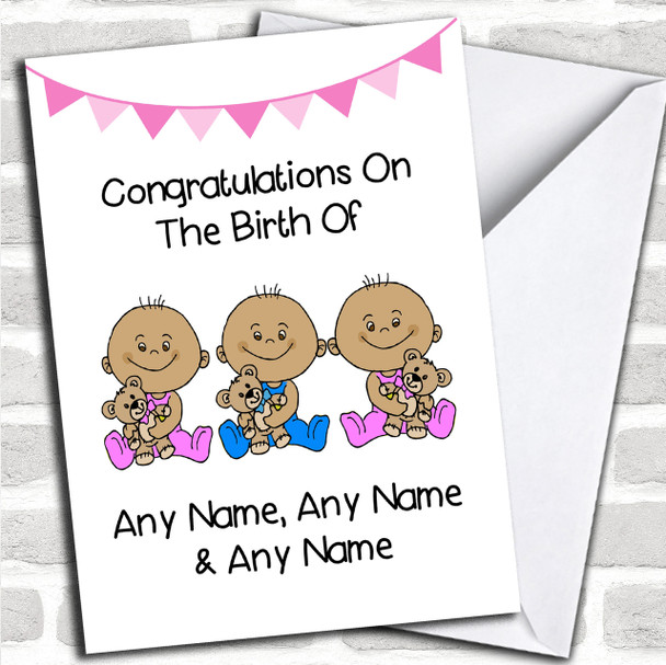 New Baby Triplets 2 Girls & 1 Boy Brown Skinned Personalized New Baby Card