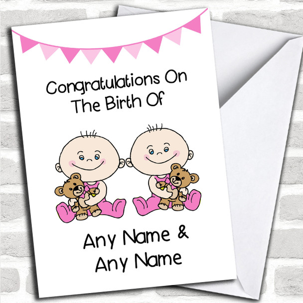 New Baby Arrival Baby Girl Twin Daughters Personalized New Baby Card