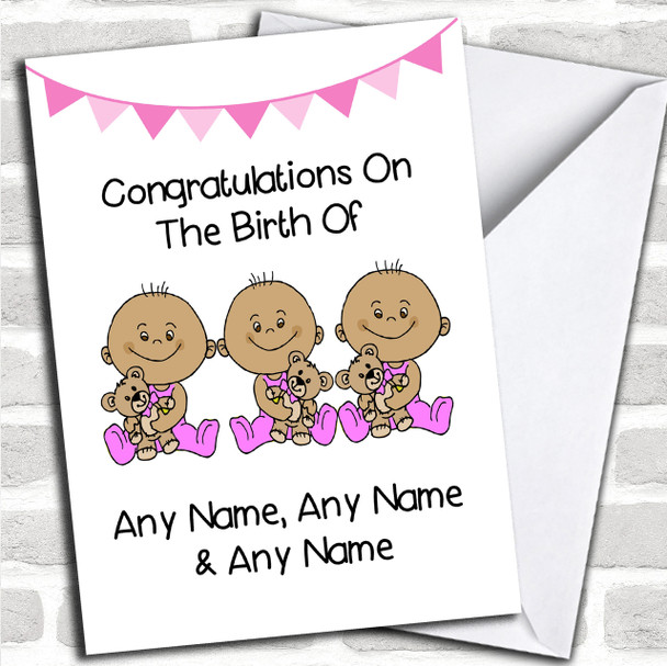 Arrival Baby Girl Triplet Daughters Brown Skinned Personalized New Baby Card
