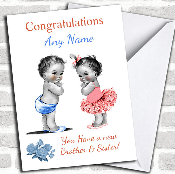 Cute You Have Twin Brother & Sister Vintage Personalized New Baby Card