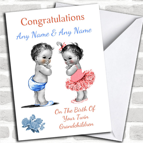 Cute New Baby Twin Grandchildren Boy & Girl Personalized New Baby Card