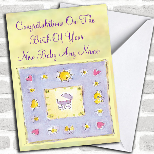 Unisex Yellow Lilac Personalized New Baby Card